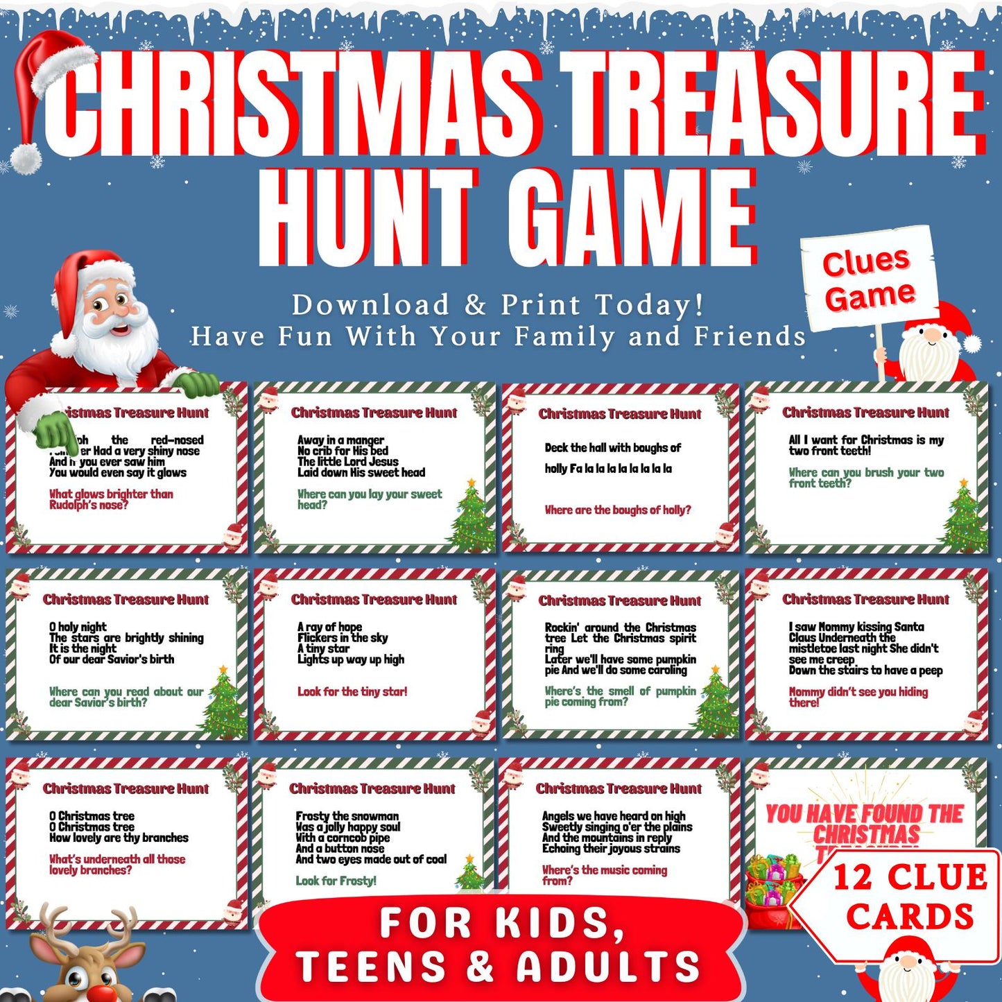 Christmas Treasure Hunt Clues, Christmas Scavenger Hunt Cards, Scavenger Hunt Riddle, Musical Riddle Christmas Clues Game For Kids & Adults