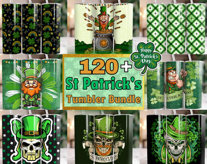 St. Patrick's Day Tumbler Wrap Bundle | 120+ Irish-Themed Designs | Shamrock, Leprechaun, Lucky PNG | Sublimation Wraps for 20oz Tumblers