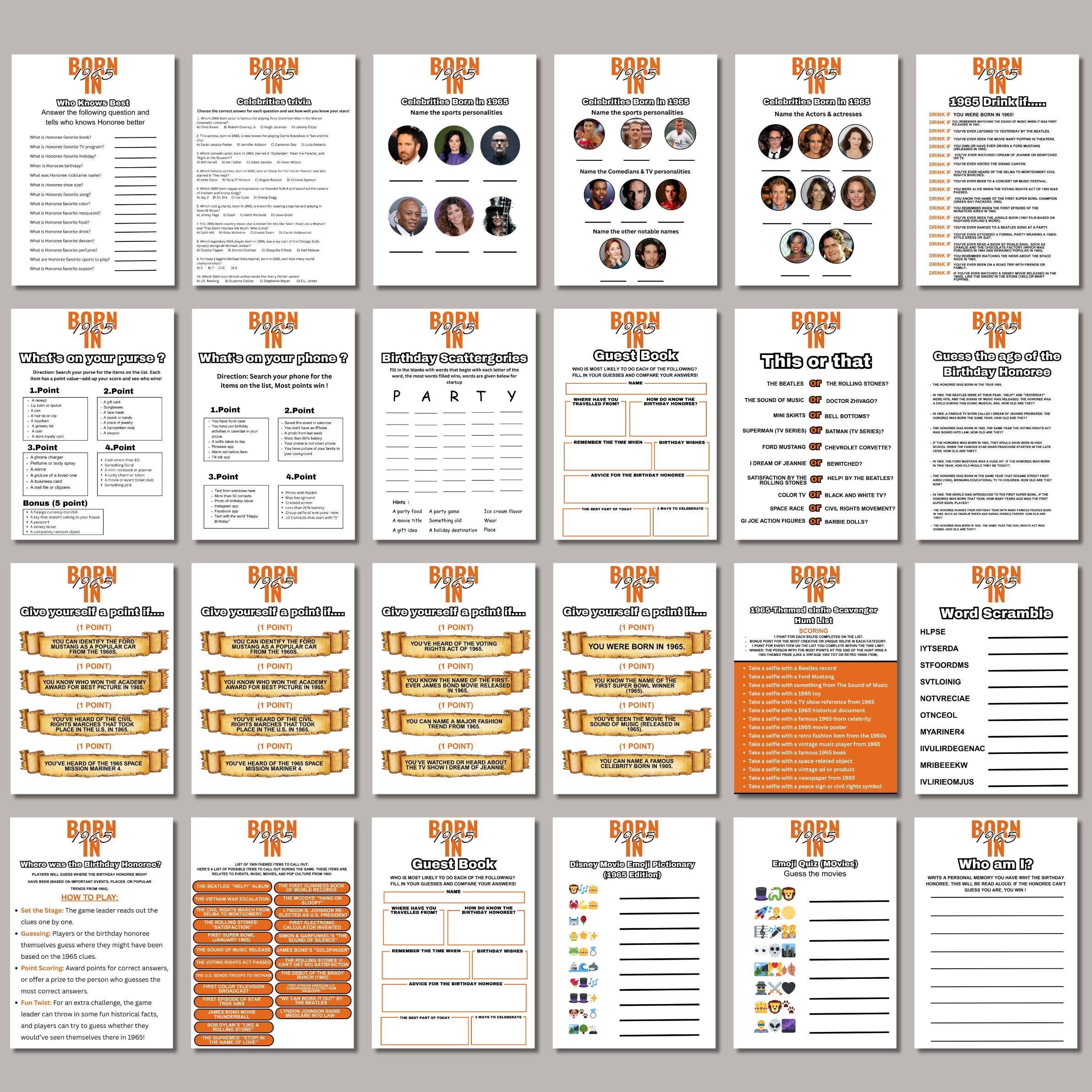 60th Birthday Party Game Bundle | Born in 1965 Games | 40+ Fun Printable Games & Trivia | Adult Party Activities | 60th Celebration Fun