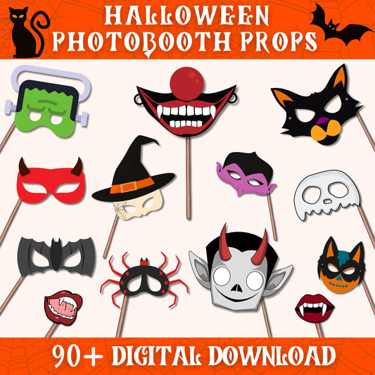 Halloween Photo Booth Props Pack | 90+ Printable Costume Masks & Party Decor | Funny Spooky Cutouts for Kids and Adults | Digital Download