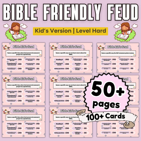Bible Family Feud Hard Level Game for Kids – 100+ Printable Bible Trivia Cards | Christian Sunday School | Church Activity | A4 & US Letter