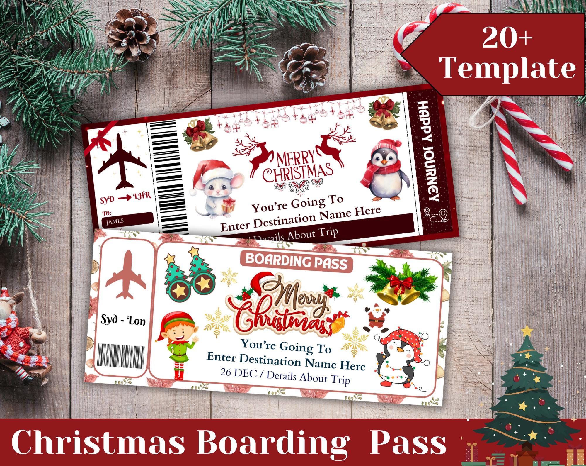 20+ Christmas Boarding Pass Template, Christmas Trip Surprise, Christmas Travel Ticket, Printable Airline Tickets, Holiday Plane Ticket Gift
