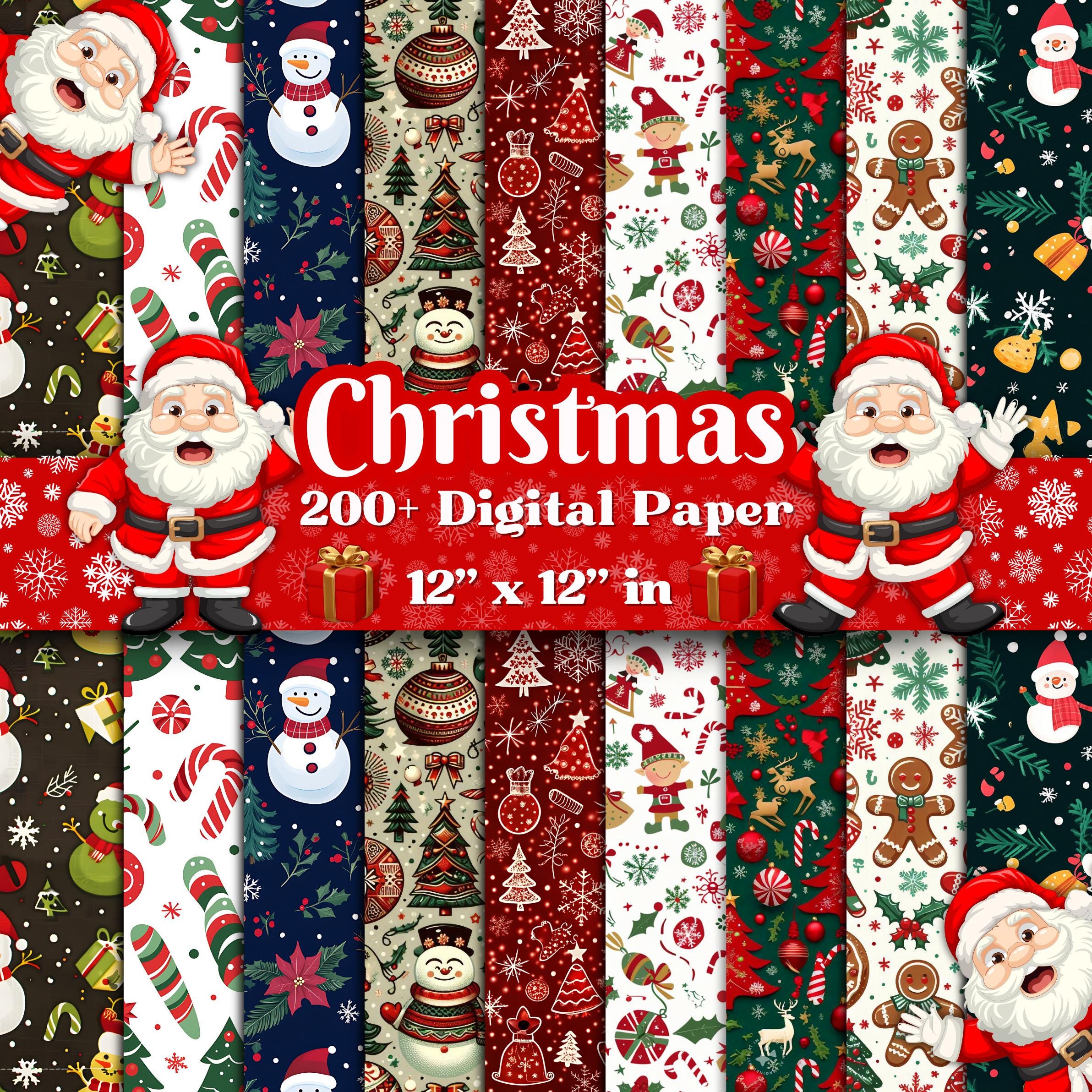 200+ Christmas Digital Paper - 12x12 Holiday Patterns, Santa, Snowman, Candy Canes, Ornaments, Scrapbooking, Crafts & Cards, Commercial Use