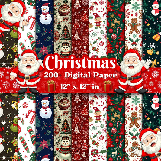 200+ Christmas Digital Paper - 12x12 Holiday Patterns, Santa, Snowman, Candy Canes, Ornaments, Scrapbooking, Crafts & Cards, Commercial Use