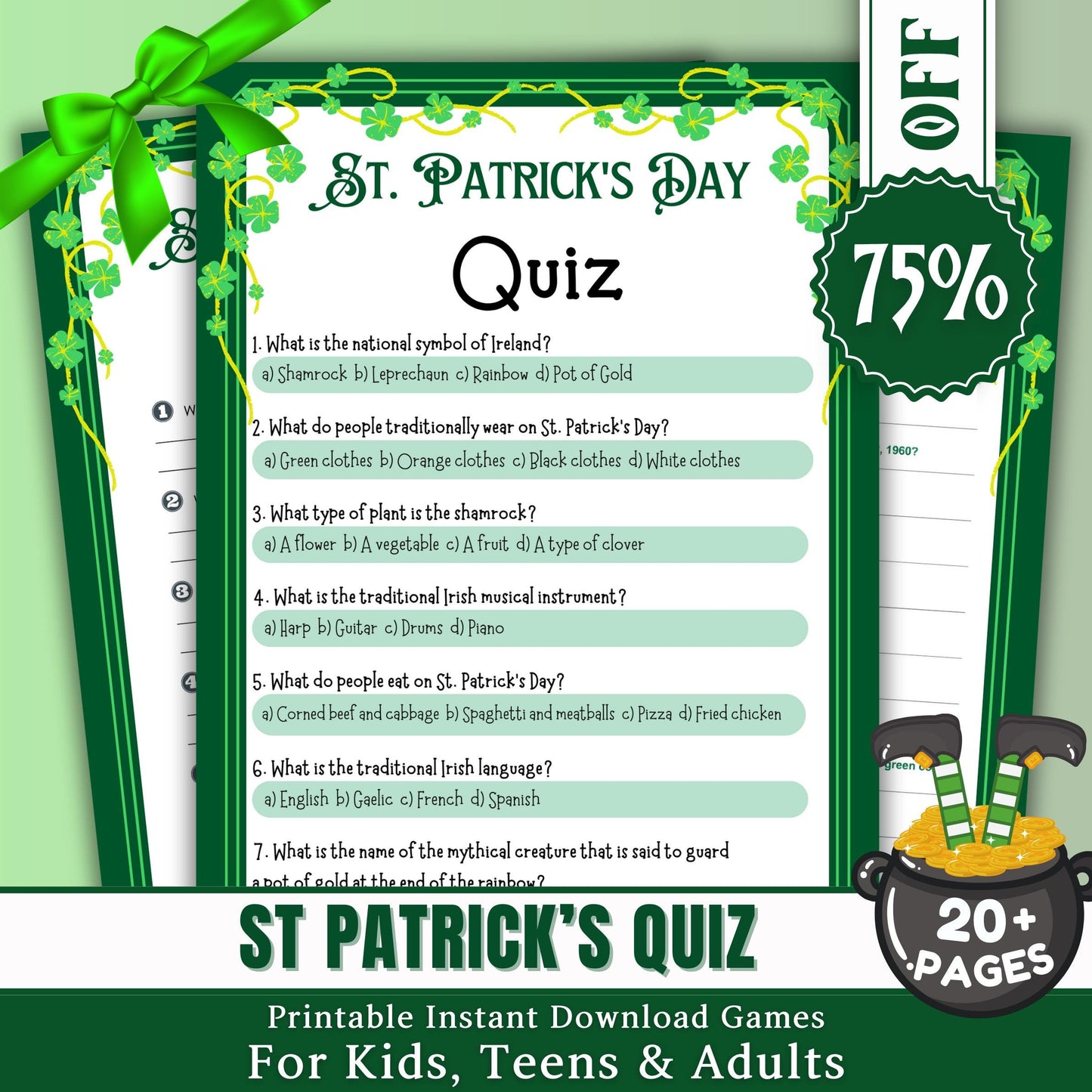 St. Patrick's Day Trivia Quiz | Fun Engaging Irish-Themed Game for Kids & Adults | Printable St. Paddy's Day Party Activity, Printable PDF