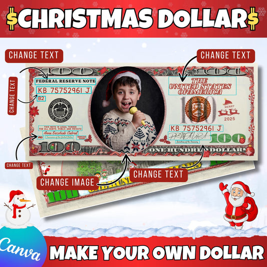 Printable Editable Canva Christmas Dollar Bill Template  Add Your Face or Photo to Holiday Money Instant Digital Download for Christmas gift