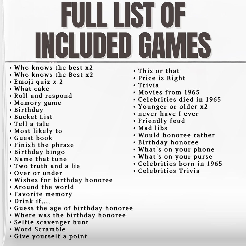 60th Birthday Party Game Bundle | Born in 1965 Games | 40+ Fun Printable Games & Trivia | Adult Party Activities | 60th Celebration Fun