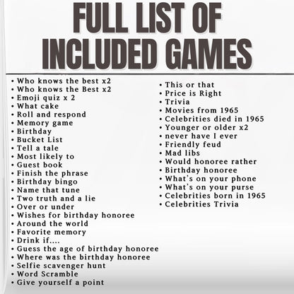 60th Birthday Party Game Bundle | Born in 1965 Games | 40+ Fun Printable Games & Trivia | Adult Party Activities | 60th Celebration Fun