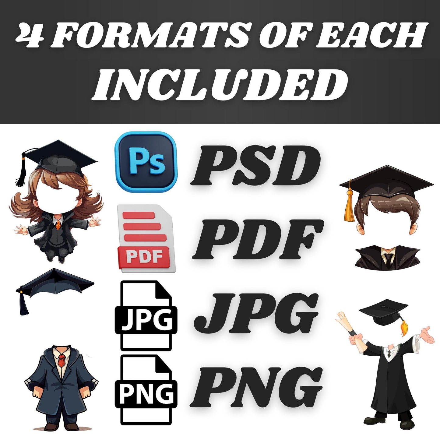 150+ Graduation Add Your Own Photo PNG Bundle, DIY Graduate Yourself, Cap & Gown Characters, Perfect for Kids Craft | Bulletin Board Decor