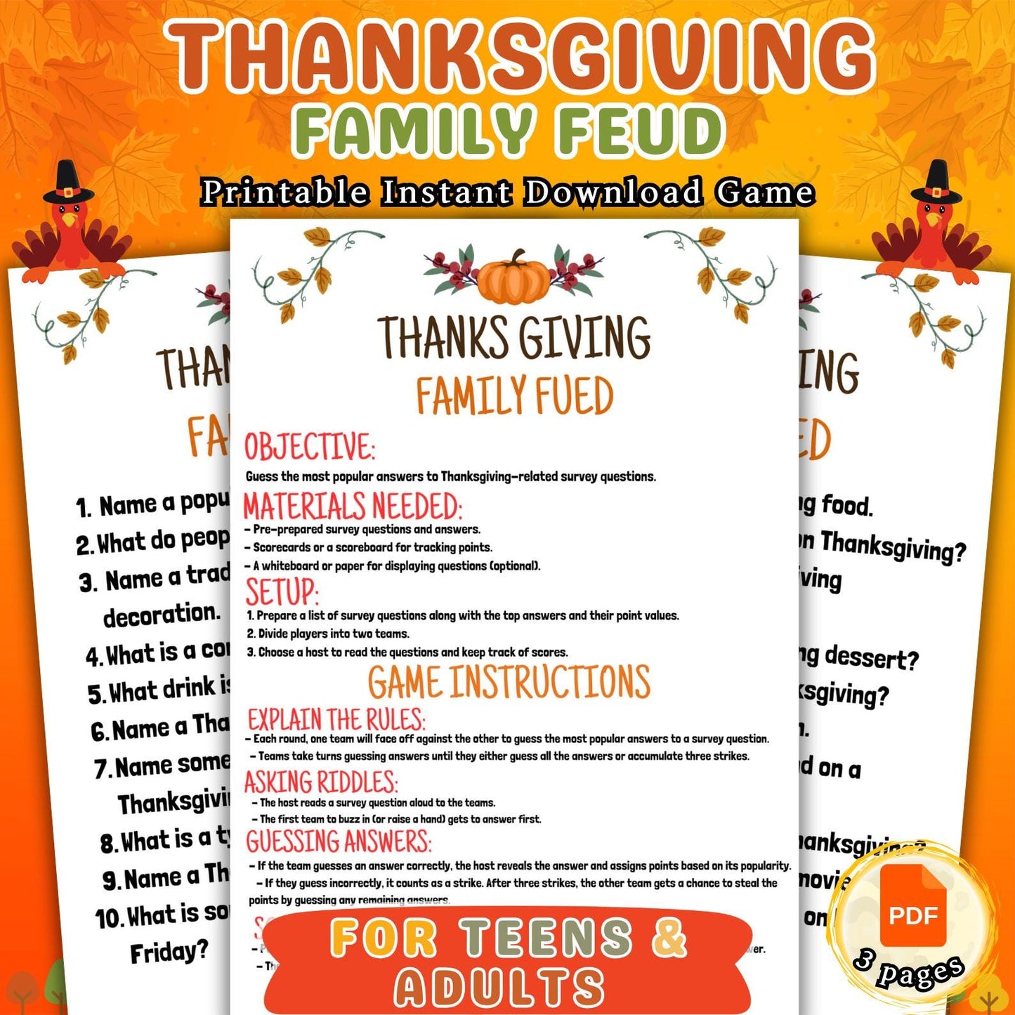 Thanksgiving Friendly Family Feud, Thanksgiving Party Game, Trivia Games, Family Game Night, Friendsgiving Game Pdf, Instant Download