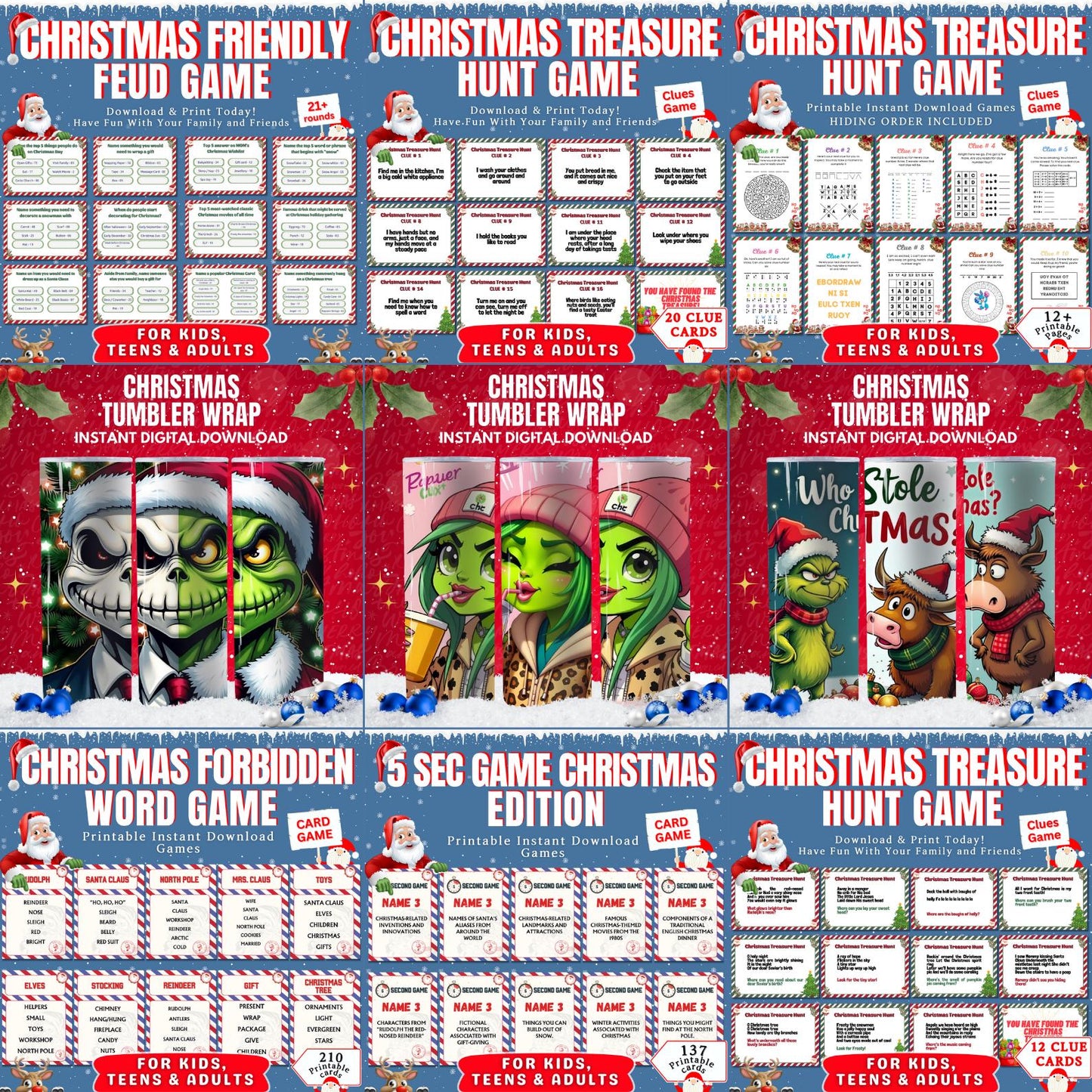 Christmas Mega Bundle PLR MRR | 250+ Games, 2200+ Clipart, Digital Paper, Ornaments, Tumbler Wraps | Printable Holiday Party Pack Set