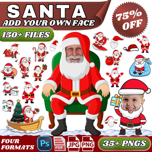 Add Your Own Face Santa Bundle, 150+ Editable Clipart (png, jpg, psd, PDF), Christmas Templates, Photo Props for DIY Crafts, Stickers, Cards