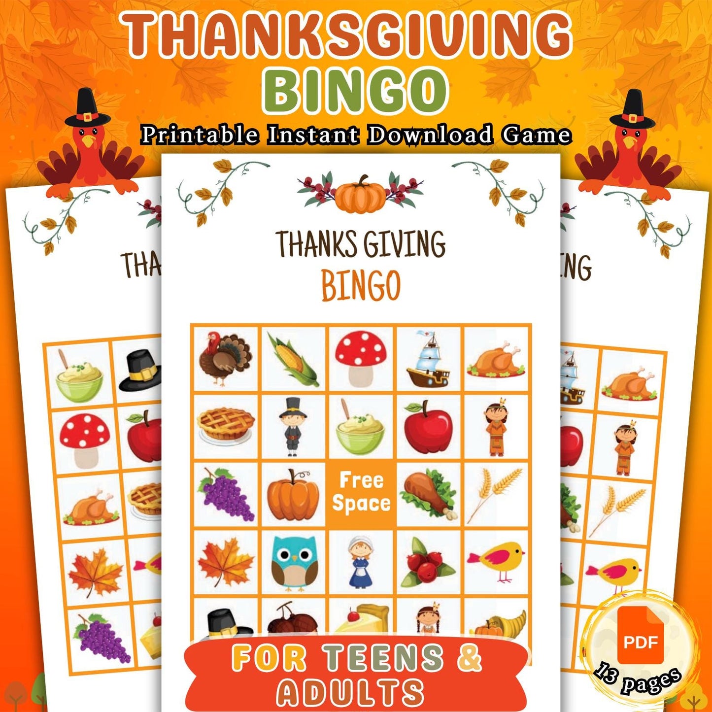 Thanksgiving Bingo, 13 Thanksgiving Bingo Cards, Thanksgiving Activity Party Games, Thanksgiving Activity, Fall Games, Instant Download Pdf