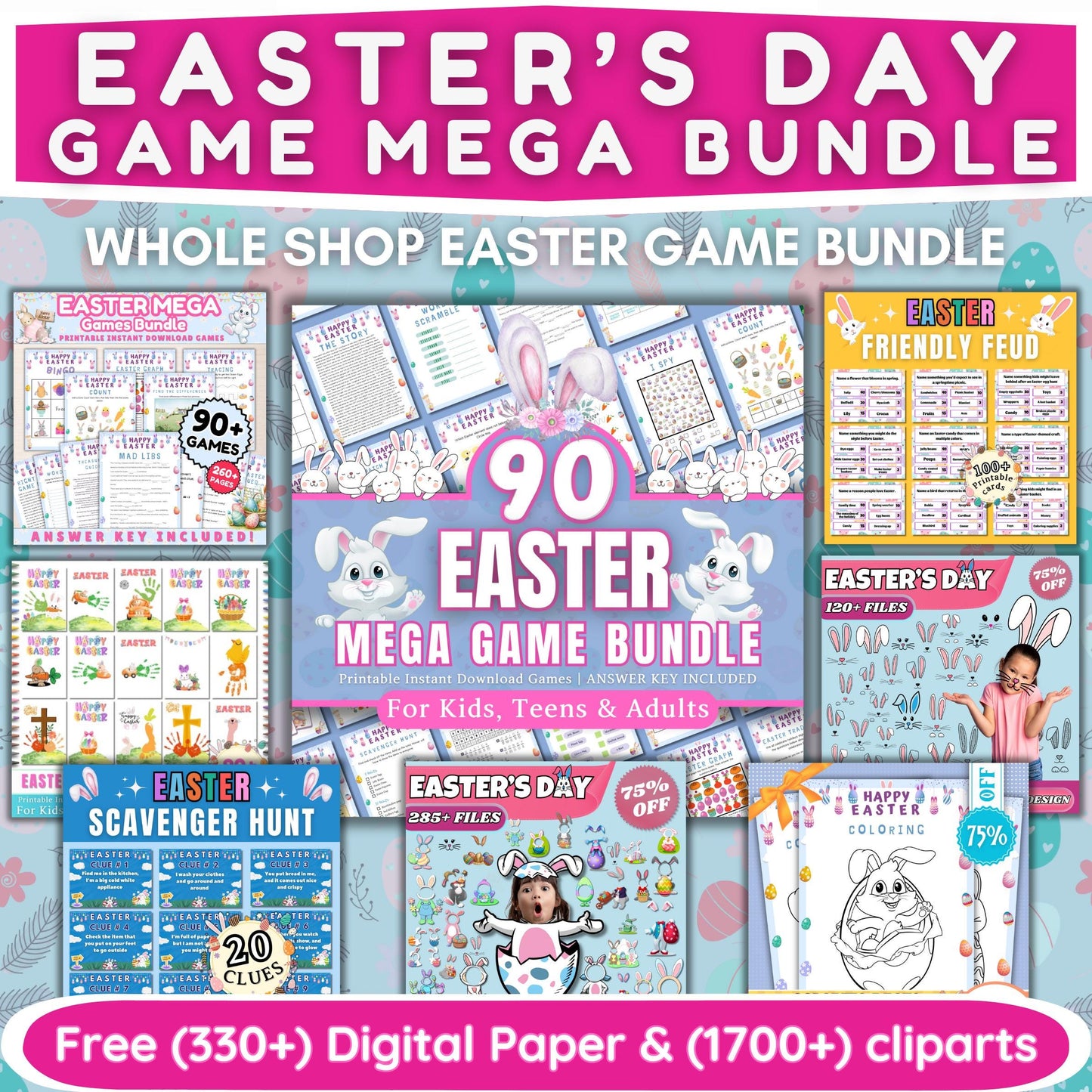 Easter Mega Bundle | 90+ Printable Games | Activities | Scavenger Hunt, Friendly Feud, Coloring, Clipart & Digital Paper | Instant Download