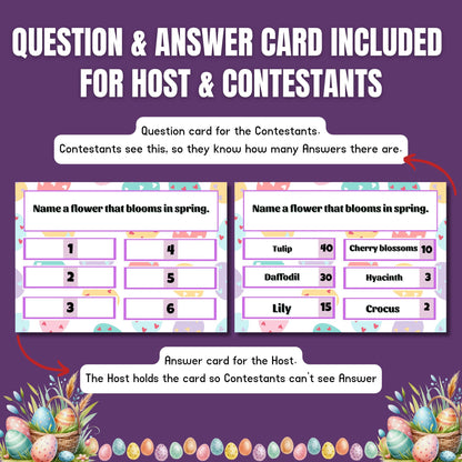 Easter Family Feud Game | 100+ Printable Cards | Fun Easter Trivia for Kids | Adults | A4 & US Letter | Scoreboard and Strike Cards Included