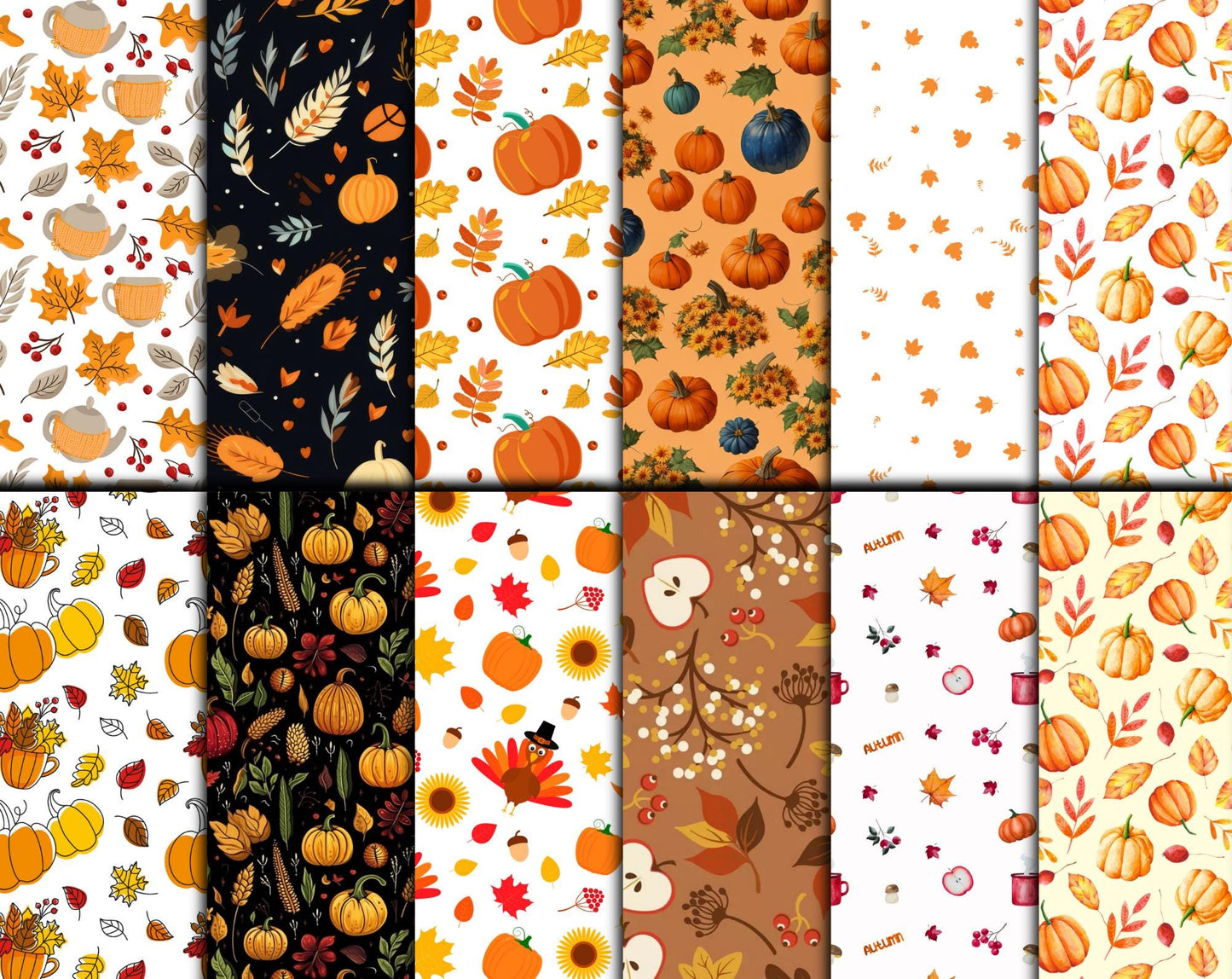 Thanksgiving Watercolor Digital Paper Bundle 12x12 – 250+ Seamless Fall Pumpkin & Leaf Patterns, Scrapbook Paper, Printable Backgrounds