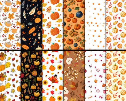 Thanksgiving Watercolor Digital Paper Bundle 12x12 – 250+ Seamless Fall Pumpkin & Leaf Patterns, Scrapbook Paper, Printable Backgrounds