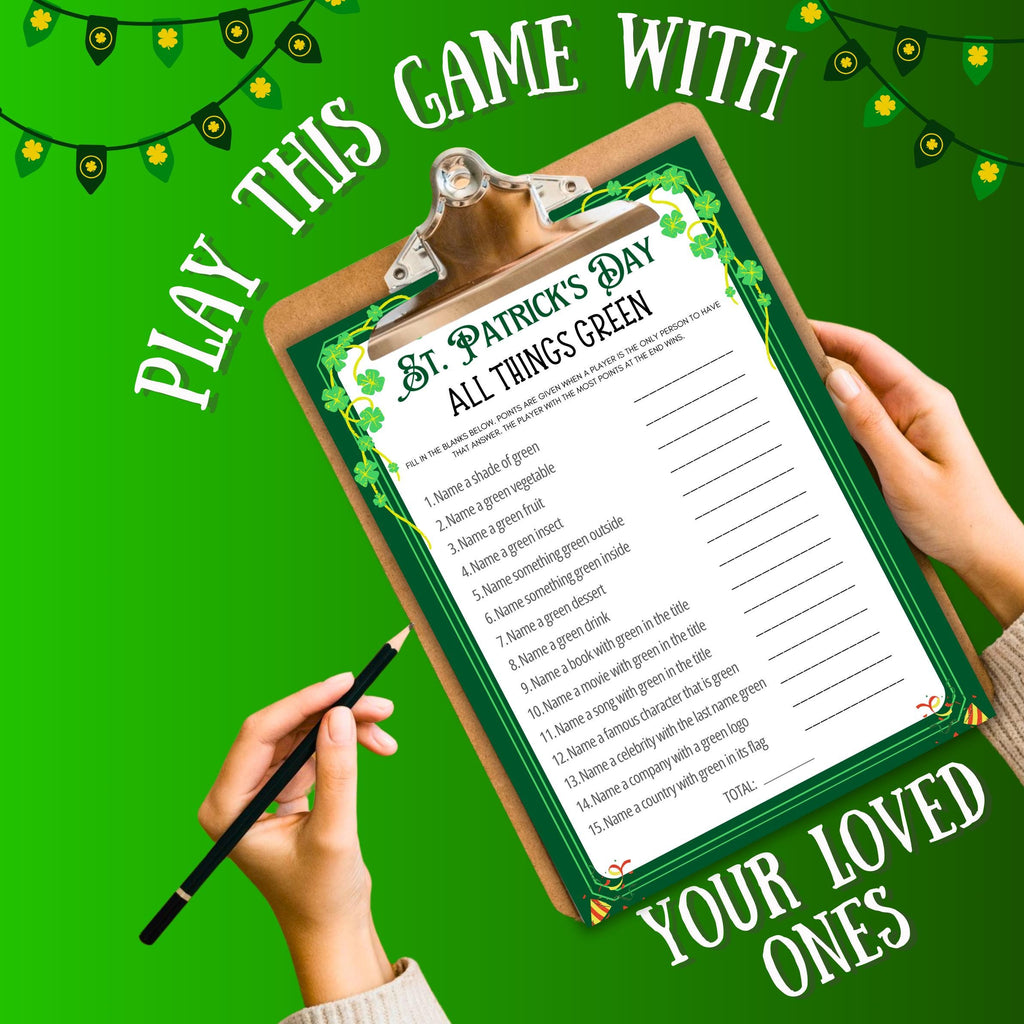 All Things Green St. Patrick's Day Game | Fun Irish Trivia & Word Challenge | St. Paddy's Party Game | Kids and Adults Printable Activity