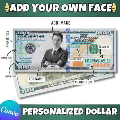Personalized Dollar Bill Canva Template – Custom 100 Editable Money with Your Photo, Name & Text | Funny Gift, Party Prop, Instant Download