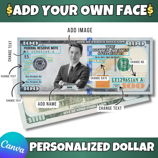 Personalized Dollar Bill Canva Template – Custom 100 Editable Money with Your Photo, Name & Text | Funny Gift, Party Prop, Instant Download