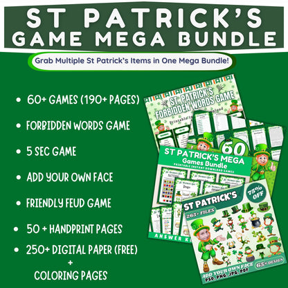 St Patricks Day Mega Bundle, Add Your Face, Friendly Feud, 5 Sec & Taboo Word Game, 60+ Games, 250+ Digital Paper, Handprint, Coloring Pages