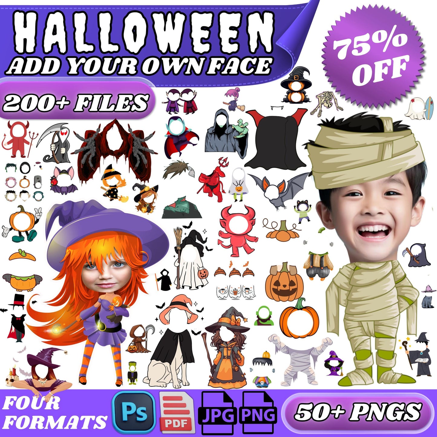 Halloween Face-In-Hole PNGs | 200+ Funny and Spooky Costumes for Kids | Add Your Face Photo Props | Printable Dress Up Party Clipart Bundle