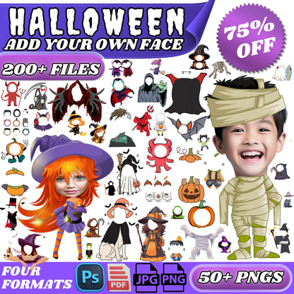 Halloween Face-In-Hole PNGs | 200+ Funny and Spooky Costumes for Kids | Add Your Face Photo Props | Printable Dress Up Party Clipart Bundle