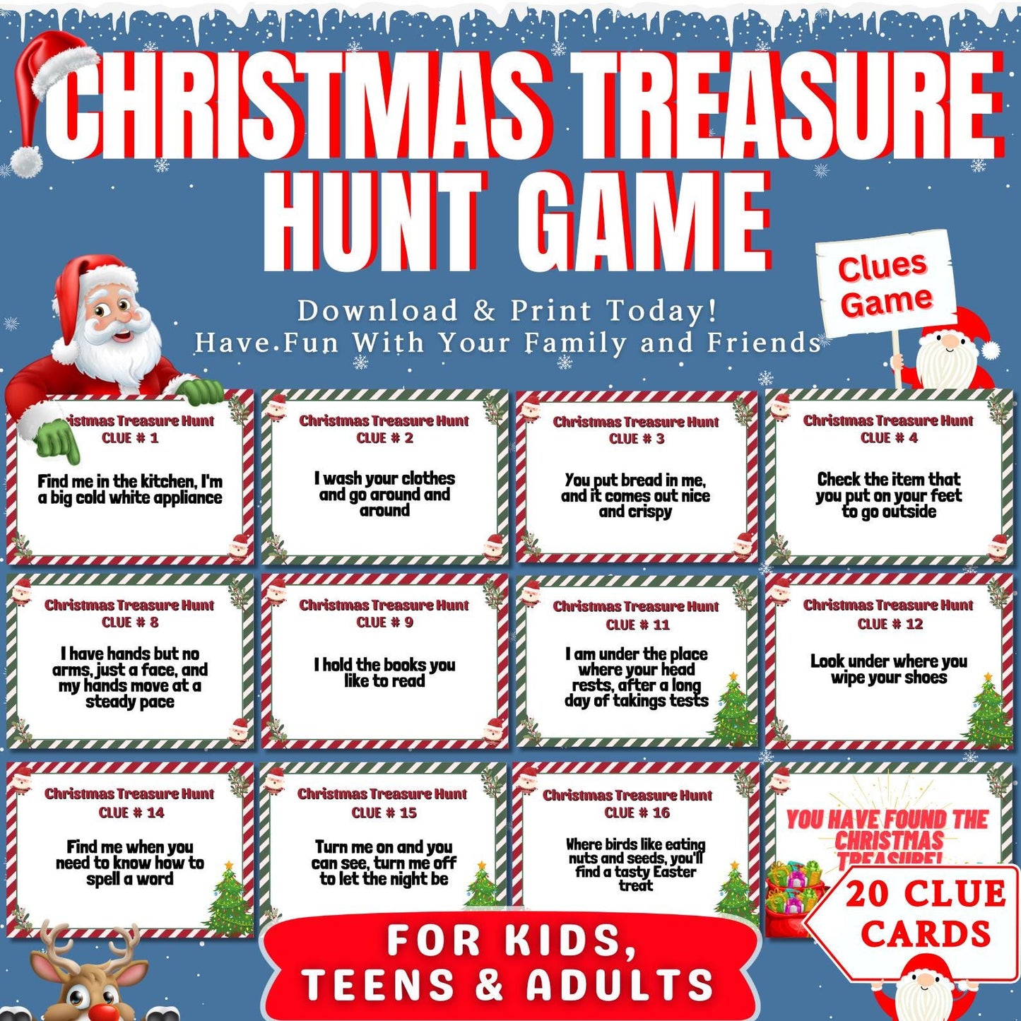Indoor Christmas Treasure Hunt, Christmas Scavenger Hunt, Christmas Game For Kids & Adults, Christmas Clue Cards For All Ages, Xmas Riddles