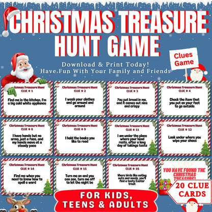 Indoor Christmas Treasure Hunt, Christmas Scavenger Hunt, Christmas Game For Kids & Adults, Christmas Clue Cards For All Ages, Xmas Riddles