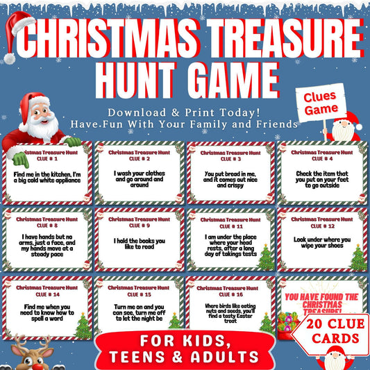 Indoor Christmas Treasure Hunt, Christmas Scavenger Hunt, Christmas Game For Kids & Adults, Christmas Clue Cards For All Ages, Xmas Riddles