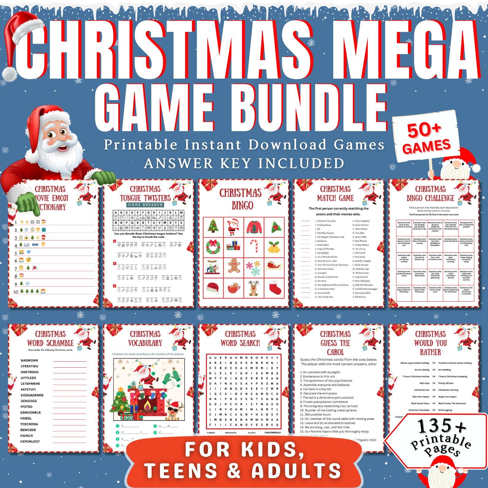 50+ Christmas Games Bundle, Christmas Family Party Games, Printable Christmas Games for Kids & Adults, Xmas Class Activities, office Party