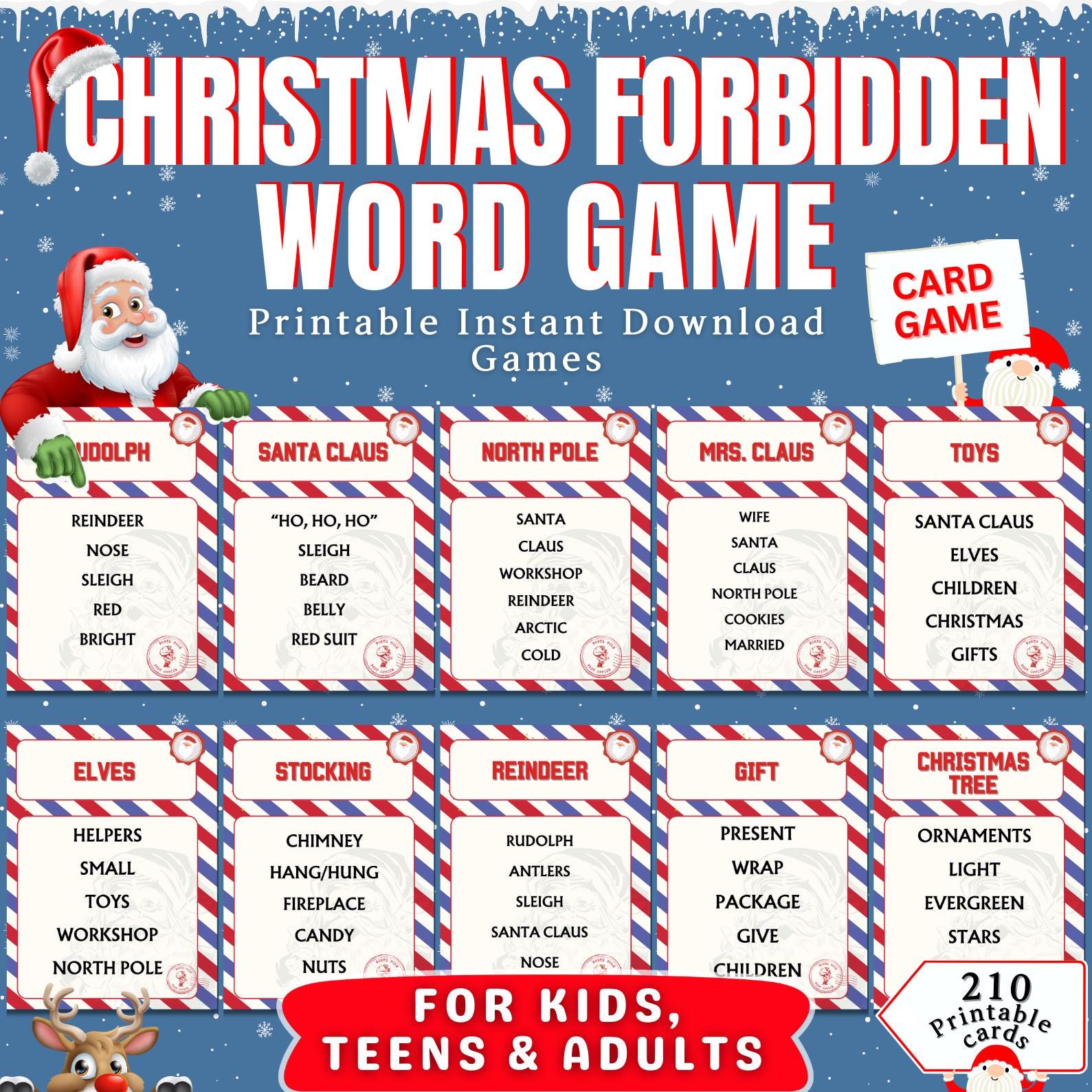 Christmas Forbidden Word Game, Taboo Words, Christmas Printable, Game For Kids & Adults, 200+ Taboo Cards, Xmas Family And Office Activity