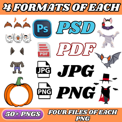 Halloween Face-In-Hole PNGs | 200+ Funny and Spooky Costumes for Kids | Add Your Face Photo Props | Printable Dress Up Party Clipart Bundle