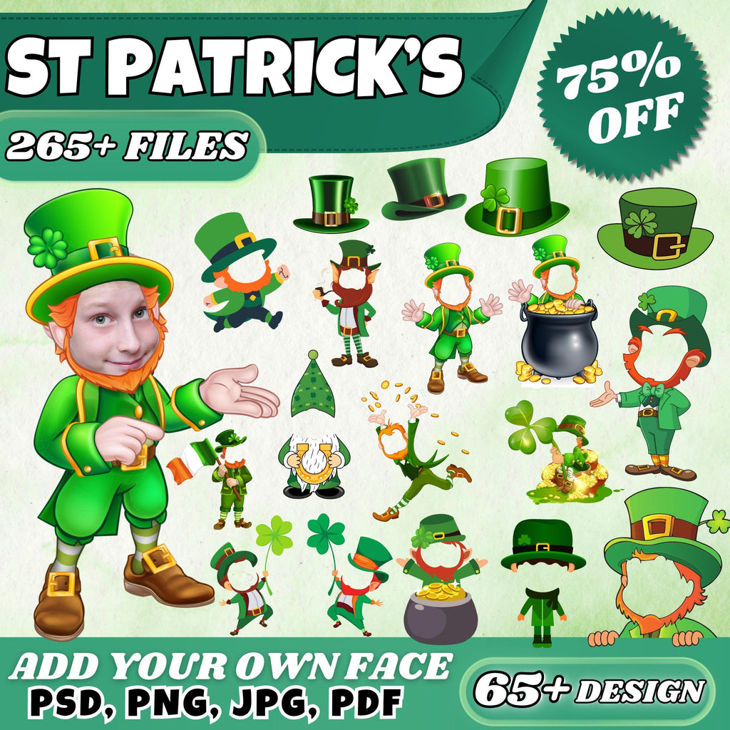 65+ St. Patricks Add Your Own Face PNG Bundle, DIY Leprechaun Yourself, Funny St. Paddy’s Face Cutout, St. Patrick’s Craft for Kids & Adults