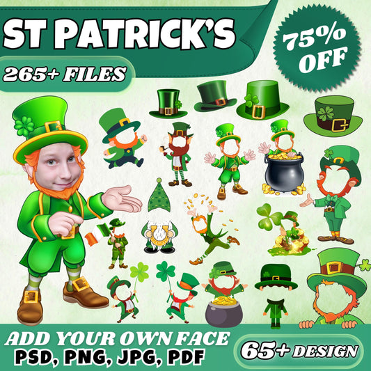 65+ St. Patricks Add Your Own Face PNG Bundle, DIY Leprechaun Yourself, Funny St. Paddy’s Face Cutout, St. Patrick’s Craft for Kids & Adults