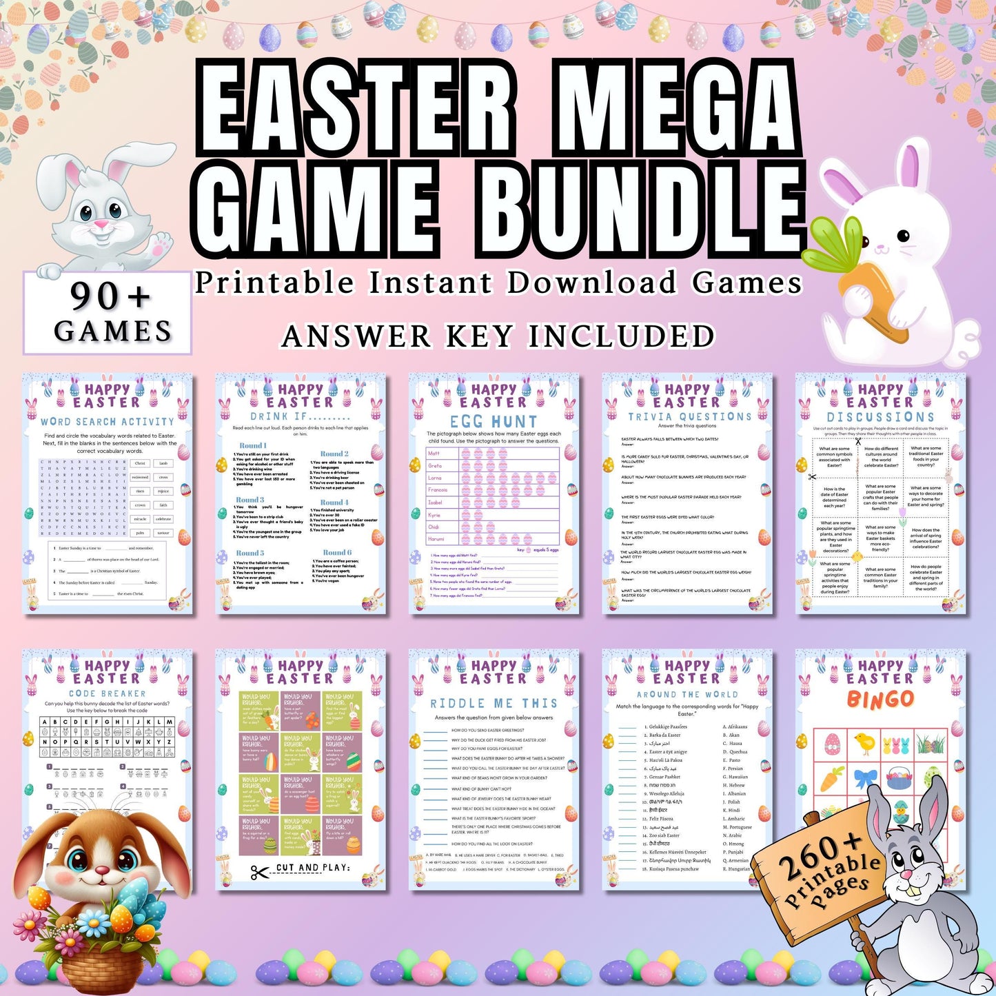 Easter MEGA Games Bundle, 260+ Fun & Engaging Printable Games, Bingo, Trivia, Scavenger Hunt, Word Puzzles, Mazes, Family | Kids Activities