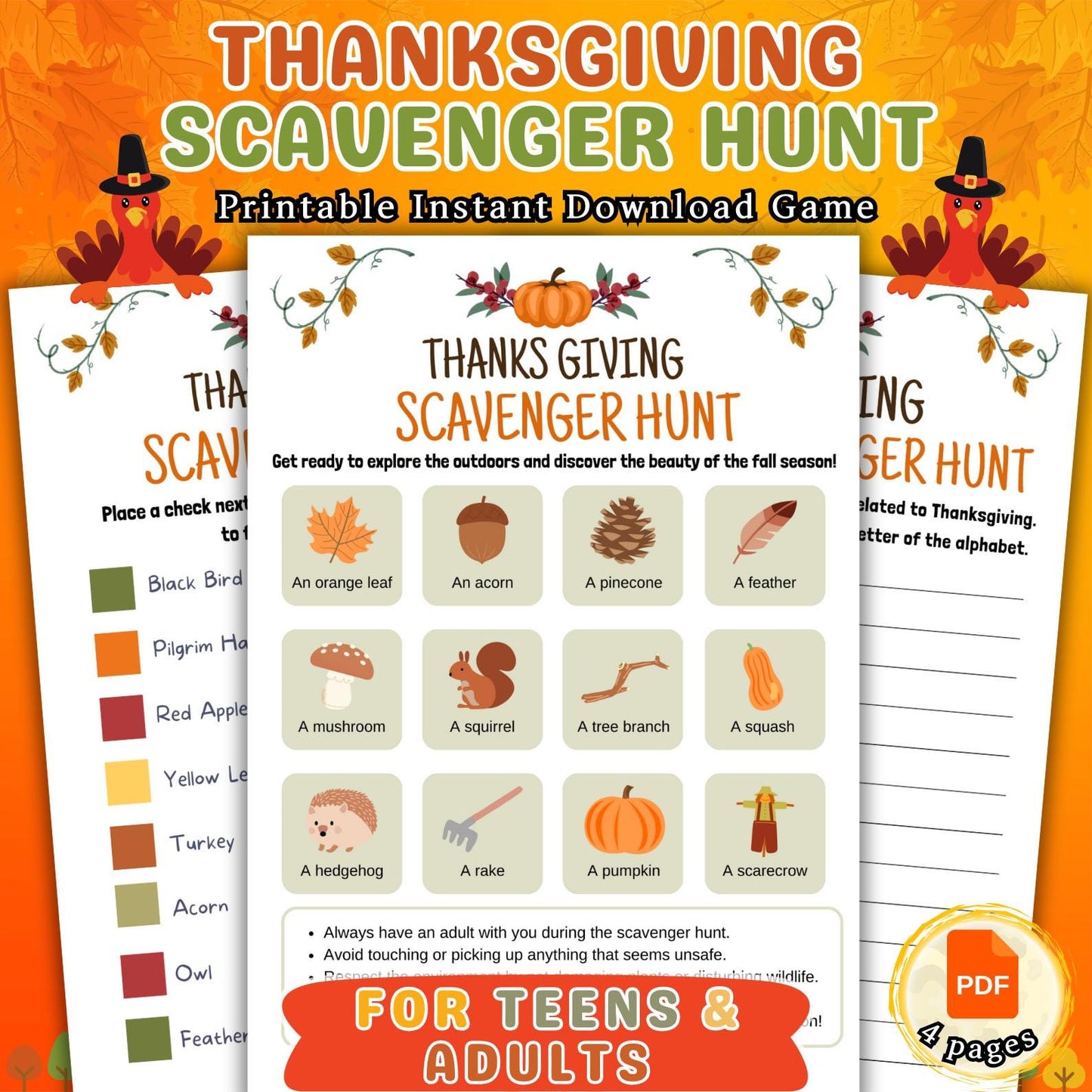 Thanksgiving Scavenger Hunt, Indoor & Outdoor Treasure Hunt, Scavenger Hunt For Kids Adults and Teens, Party Game Pdf, Instant Download