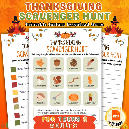 Thanksgiving Scavenger Hunt, Indoor & Outdoor Treasure Hunt, Scavenger Hunt For Kids Adults and Teens, Party Game Pdf, Instant Download