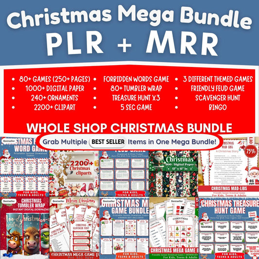 Christmas Mega Bundle PLR MRR | 250+ Games, 2200+ Clipart, Digital Paper, Ornaments, Tumbler Wraps | Printable Holiday Party Pack Set