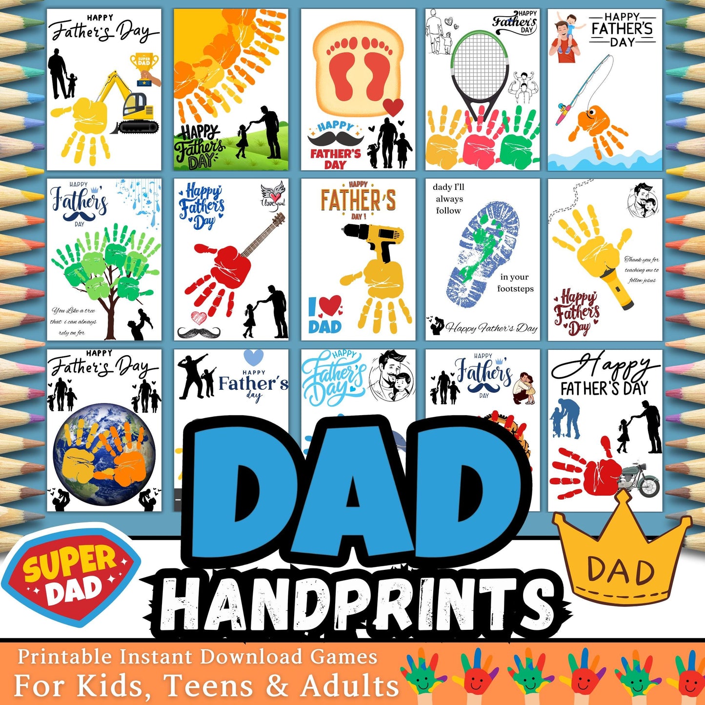 Father's Day Handprint Craft | Printable DIY Gift for Dad | 25+ Cute Designs for Kids, Toddlers & Teens | Instant Download PDF Art