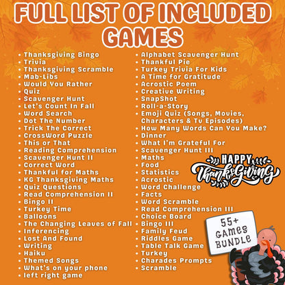 Thanksgiving Mega Game Bundle | 200+ Printable Pages | Activities for Kids and Adults | Trivia, Riddles, and Party Games | Fall Celebration