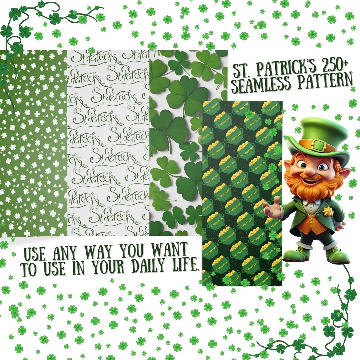 St Patricks Digital Paper Pack - Printable graphic design patterns, backgrounds, green papers, lucky shamrocks, Irish tartan plaid papers