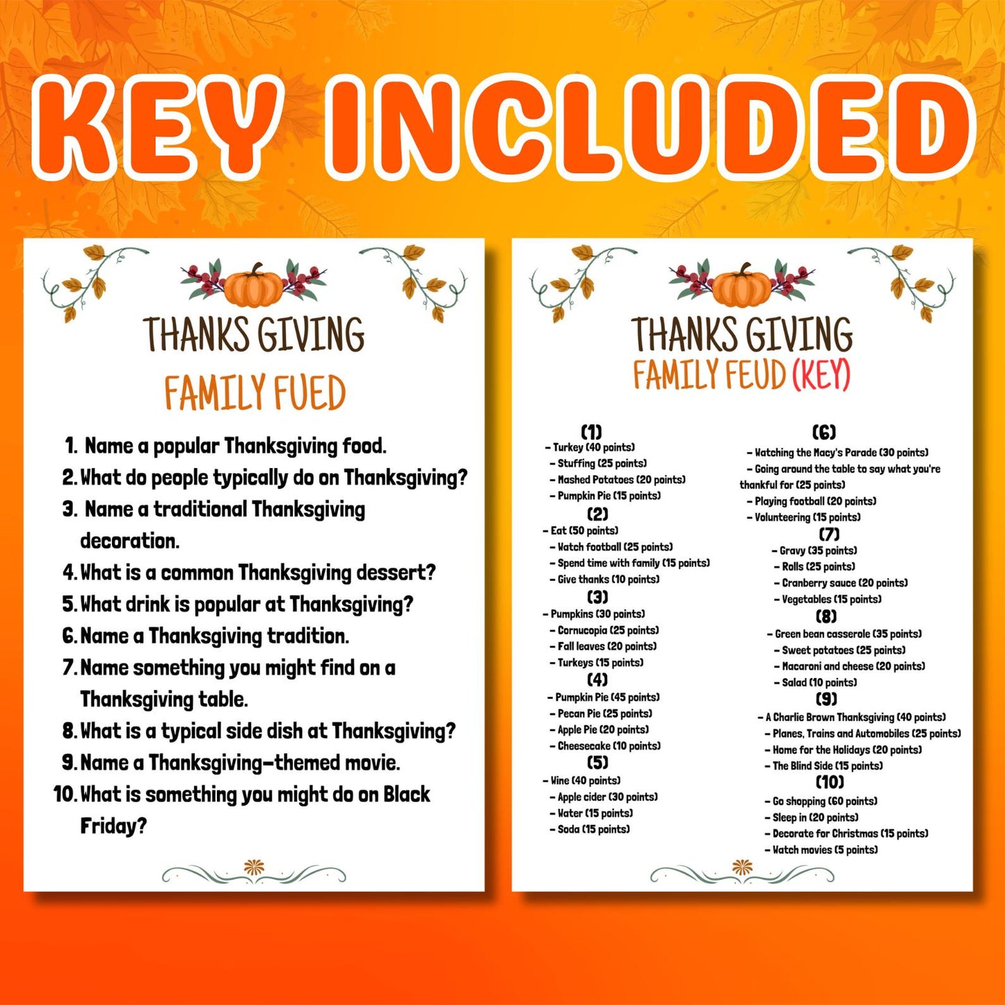 Thanksgiving Family Feud, Printable Family Feud, Fun Feud Game, Group Game, Family Game Night, Party Activity, Feud For Kids & Adults