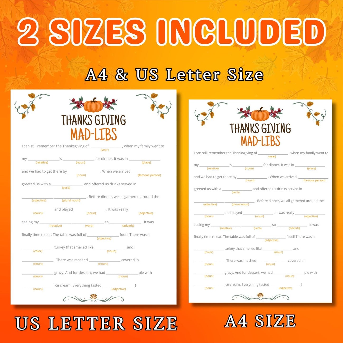Thanksgiving Mad Libs | Fall Story Fill-In-The-Blanks Game | Fun Festive Activity for Kids, Teens & Adults | Printable Thanksgiving Game